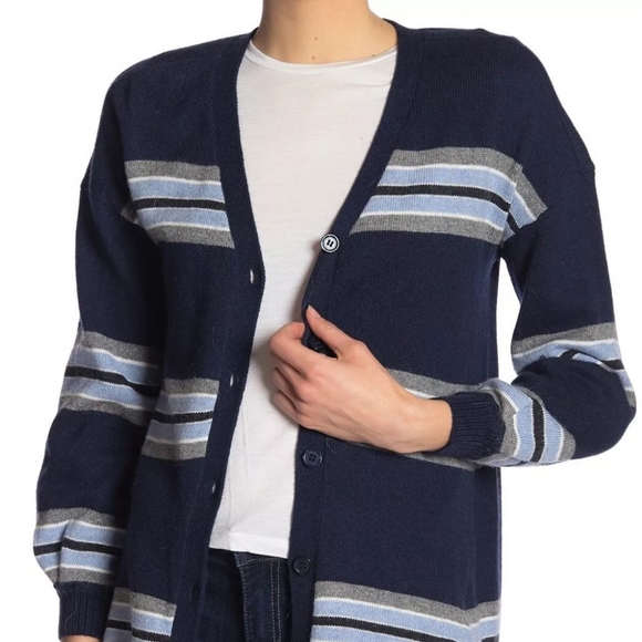 Democracy Sweaters - Democracy blue stripped button up long sleeve card